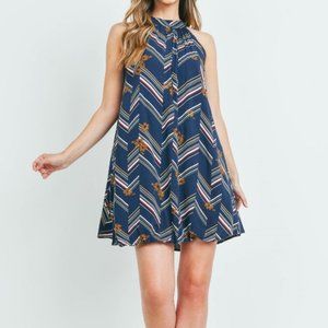 Mixed Print Mini Dress Navy Blue